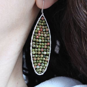 Teardrop earrings, unakite earrings, Wire wrapped mosaic earrings, Seed bead earrings, bohemian Earrings, Tiny Bead Earrings, long Earrings