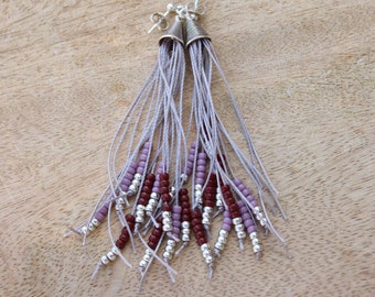 Fringe earrings, Feather fringe earrings, Silver beaded earrings, Tassel earrings, seedbead earrings, gupsy earrings, tiny bead earrings