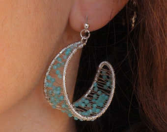 Beaded Drop Earrings, Tiny Bead Earrings, Amazonite Earrings, Labradorite Earrings, Double Hoop Earrings, greek Earrings