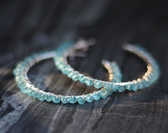 Hoops, Beaded hoops, Sterling silver hoops, Bohemian gemstone hoops, Apatite hoops, gemini birthstone earrings, february birthstone earrings