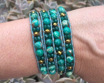 Jasper bracelet, wrap leather bracelet, wrap beaded bracelet, 4 wrap leather bracelet, multiple strands bracelet