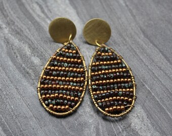 Seed bead earrings, Boho earrings, gupsy earrings,bronze earrings, Beaded Earrings, Mosaic Earrings, Teardrop Earrings, Wire wrap earrings