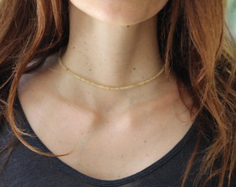 Golden Rutile Beaded Choker: Dainty Sterling Silver Necklace