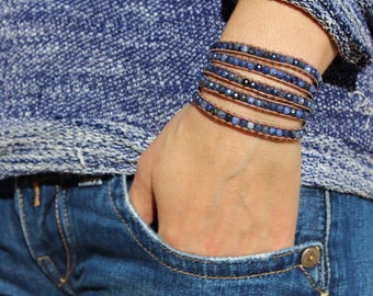 Sodalite wrap leather bracelet, 5-wrap faceted gemstone bracelet, tree of life bracelet, beaded leather bracelet