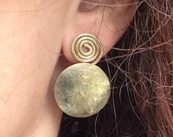 Greek earrings, Bronze geometric earrings, disc earrings, spiral earrings, grecian earrings, handmade earrings, puffed earrings