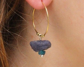 Silver dangle earrings, hoop earrings, raw stone earrings, dangling earrings, rough stone earrings, greek earrings