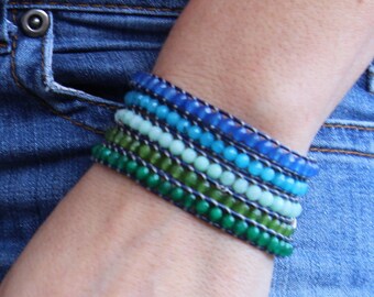 Wrap leather bracelet, Mediterranean wrap bracelet, 5-wrap gemstones bracelet, multiple strands bracelet, multilayer bracelet