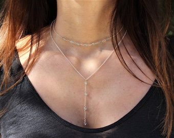 Lariat necklace, something blue, aquamarine lariat, aquamarine choker, garnet lariat, aquamarine rosary, Y aquamarine, aquamarine set