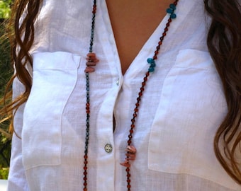 Long boho necklace, double strand necklace, aquamarine necklace, hessonite necklace, beaded necklace, mix gemstones necklace