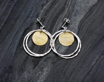 Hoop earrings, mixed metal earrings, Greek earrings, Bronze hoop earrings, Disc earrings, hammered texture earrings,  double disc earrings