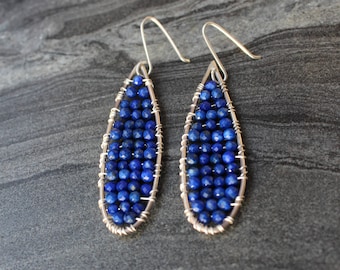 Lapis earrings, Seed bead earrings, Wire wrapped mosaic earrings, egyptian Earrings, Tiny Bead Earrings, Teardrop Earrings, mosaic Earrings