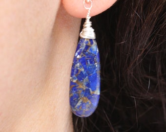 Teardrop earrings, sapphire blue Turquoise earrings, copper turquoise briolette earrings, raw stone earrings, copper turquoise earrings
