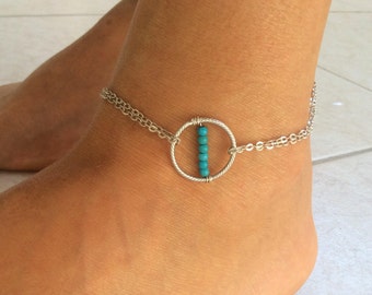 Hoop anklet, Chain and hoop anklet, lariat anklet, silver anklet, double chain anklet, turquoise anklet, dainty anklet