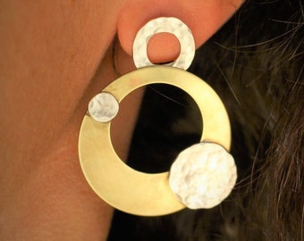 Disc earrings, mixed metal earrings, Greek earrings, grecian earrings, sterling silver and bronze earrings, hammered texture earrings