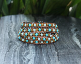 Wrap leather bracelet, turquoise bracelet, 5-wrap leather bracelet,  aquamarine bracelet, multiple strands bracelet