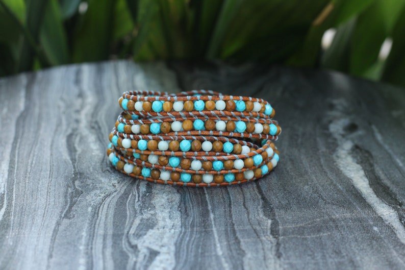 Wrap leather bracelet, turquoise bracelet, 5-wrap leather bracelet, aquamarine bracelet, multiple strands bracelet image 1