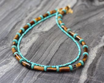 Tiger eye necklace, beaded necklace, turquoise necklace, boho beaded necklace