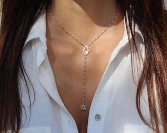 Rosary necklace, Y necklace, charm necklace, lotus necklace,  rosary necklace, pink tourmaline necklace, lariat necklace, boho necklace