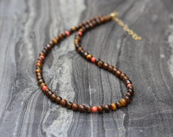 Tiger eye necklace, beaded necklace, coral necklace, boho beaded necklace