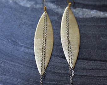Leaf earrings, bronze earrings, mixed metal earrings, Greek earrings, silver and bronze earrings, Chain and leaf textured earrings