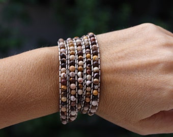 Jasper bracelet, Wrap leather bracelet, Zebra jasper bracelet, 5 wrap bracelet,multiple strands bracelet