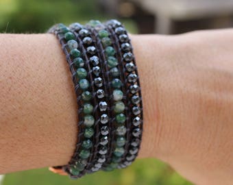 Wrap leather bracelet,  faceted semiprecious stones bracelet, multiple strands bracelet, beaded gemstone bracelet