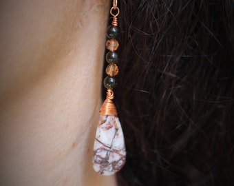 Teardrop earrings, greek earrings, swarovsky earrings, raw stone earrings,  agate teardrop earrings, copper wire earrings