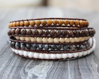 Jasper bracelet, Wrap leather bracelet, 5 wrap bracelet, multiple strands bracelet, tree of life wrap bracelet
