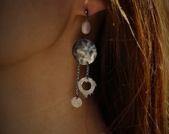 Pink opal earrings, Oxidized earrings, Silver earrings, Multichain earrings, ancient greek earrings, Dangling earrings