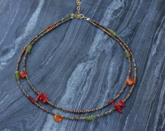 Unakite Double Strand Necklace: Sterling Silver Boho Jewelry