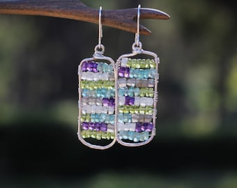Silver beaded earrings, mosaic earrings, Wire wrapped earrings, boho earrings, bohemian Earrings, dangling Earrings
