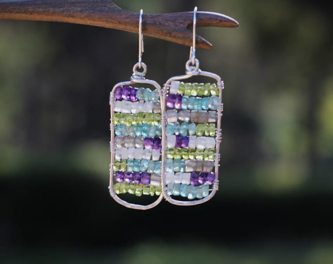 Featured listing image: Silver beaded earrings, mosaic earrings, Wire wrapped earrings, boho earrings, bohemian Earrings, dangling Earrings