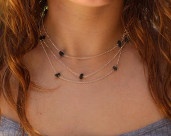 Chrome diopside rosary necklace,triple necklace, beaded choker, dainty beaded necklace, rosary necklace