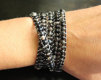 Jasper bracelet, Wrap leather bracelet,  5-wrap leather bracelet, tree of life, multiple strands bracelet