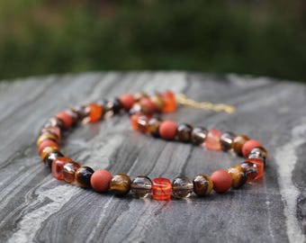 Carnelian necklace, beaded necklace, tiger eye necklace, boho beaded necklace
