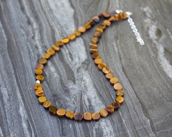 Tiger eye choker, Raw tiger eye necklace, tiger eye necklace, silver beaded necklace, dainty choker necklace, button tiger eye necklace