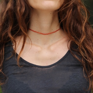 Carnelian necklace, Beaded necklace, dainty beaded necklace, August birthstone necklace, ultra dainty bead necklace, seed bead necklace