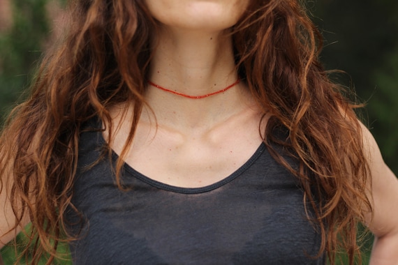 Dainty Carnelian Choker: Sterling Silver or Gold K14, August Birthstone