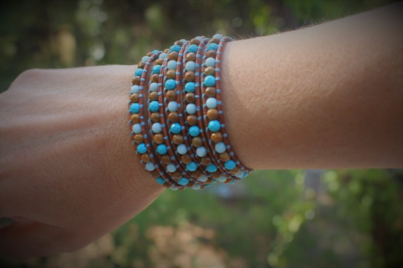 Wrap leather bracelet, turquoise bracelet, 5-wrap leather bracelet, aquamarine bracelet, multiple strands bracelet image 2