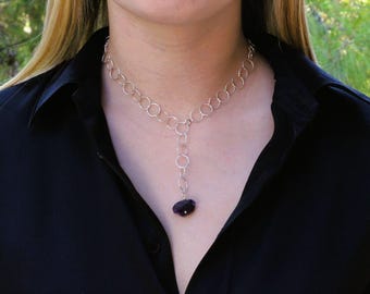 Hoop chain Y Necklace: Sterling Silver raw amethyst pendant