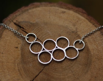 circles necklace, statement necklace, Abstract necklace, multicircle necklace, geometric necklace, maximal necklace, silver necklace