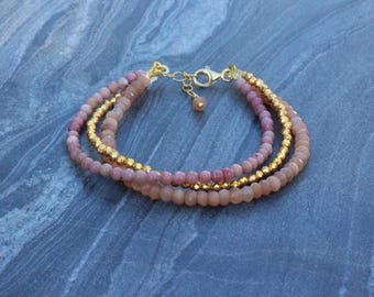 Sunstone bracelet,Pink stones bracelet, Beaded bracelet,  triple bracelet, dainty triple bracelet, Bracelet set, skinny bracelet