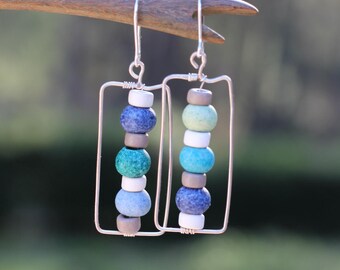 Silver beaded earrings, pebble earrings, Wire wrapped earrings, boho earrings, bohemian Earrings, dangling Earrings, ceramic bead earrings