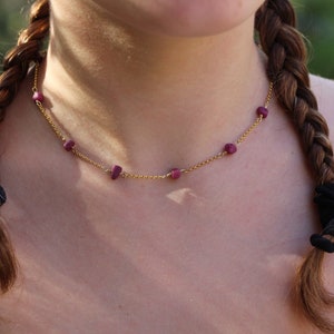 Dainty Raw Ruby Rosary Choker: Sterling Silver Golden Plated Chain