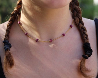 Ruby rosary necklace, ruby necklace, beaded choker, ruby rosary, dainty choker necklace, dainty necklace set, ruby set, raw ruby choker