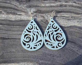 Wooden earrings, birch earrings, teardrop wooden earrings, floral earrings, lazer cut wooden earrings, wood silver earrings, wood earrings