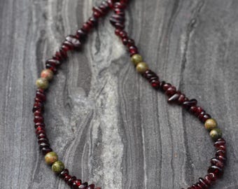 garnet necklace, beaded necklace, unakite necklace, garnet chips necklace