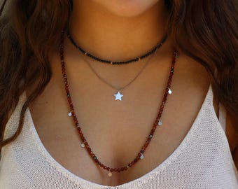 Hessonite garnet Necklace: Long Boho Necklace, triple stand necklace set