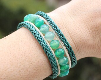 Agate bracelet, Wrap leather bracelet, Cuff bracelet, Cracked agate bracelet, multiple strands bracelet, braided leather wrap bracelet