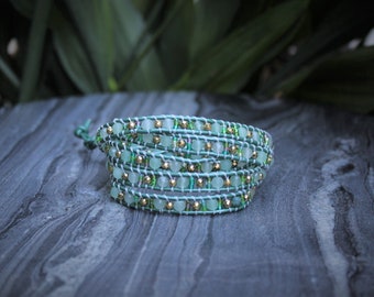 Aventurine bracelet,  Wrap leather bracelet, 5 wrap bracelet, multiple strands bracelet, sparkly bracelet